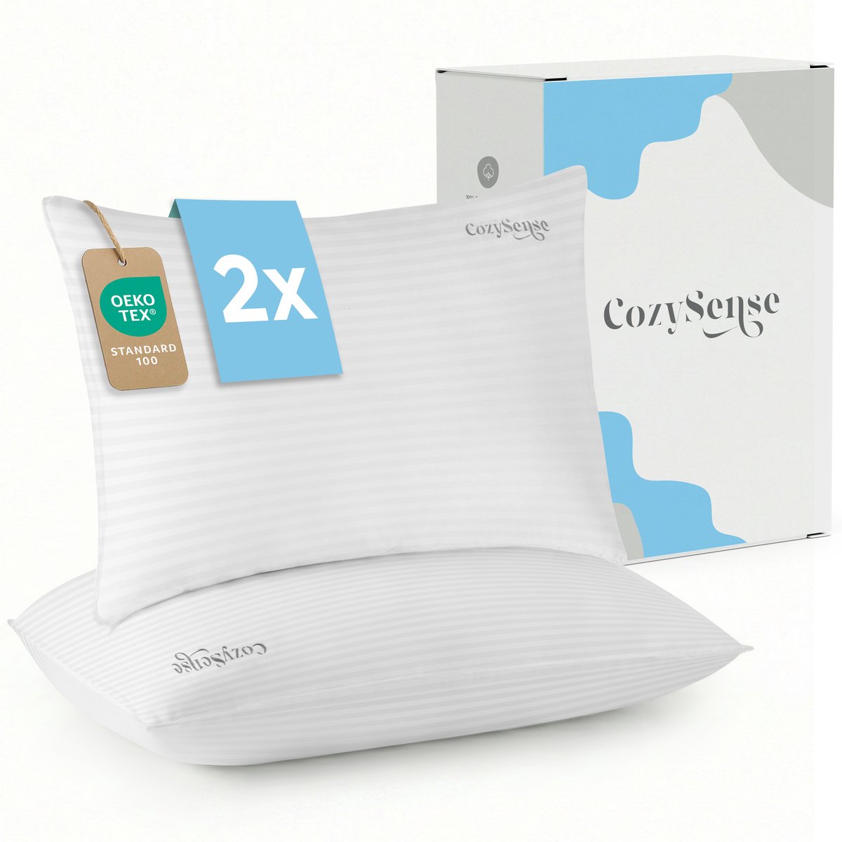 Lot de 2 oreillers CozySense – 50 x 70 cm – Blanc – Housse en coton – Rembourrage en microfibres douces