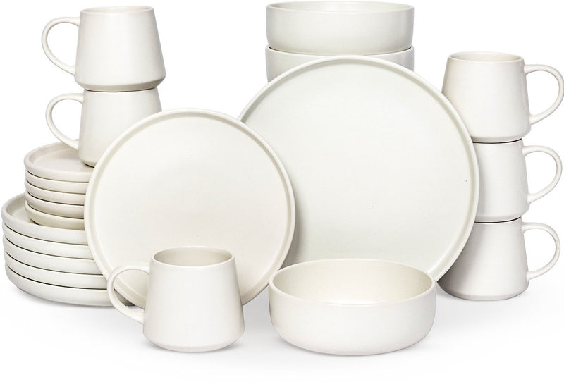 Deleca Service de table 6 personnes Kyoto - Tasses à café avec oreille / Bols / Grandes assiettes et petites assiettes - Style Japonais - Faïence massive - Blanc crème / 24 pièces
