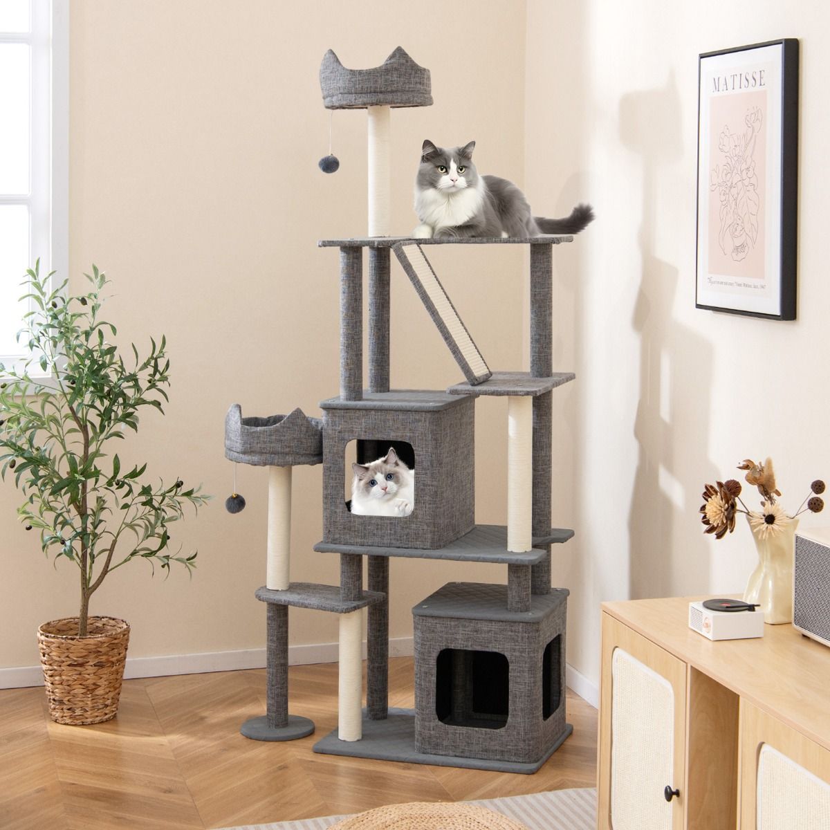Arbre à chat Coast - 2 maisonnettes - plateformes de jeu et panier - gris - 180 cm