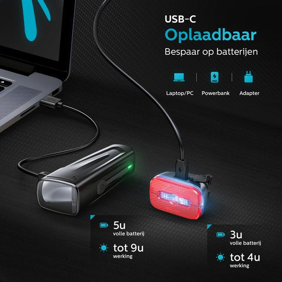 Inlustro Kit d'éclairage LED rechargeable pour vélo - Avec réduction de l'éblouissement et capteur de freinage - Éclairage pour vélo de route / cyclisme / VTT - Éclairage de vélo rouge et phare blanc - Éclairage avant Éclairage arrière Éclairage de vélo -