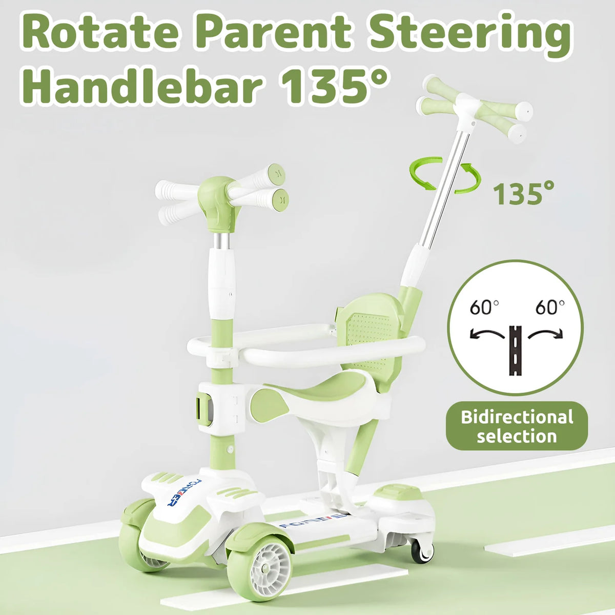 Trottinette pour enfants Neuleb 6-en-1 à 4 roues - Verte - 3 à 8 ans, siège pivotant, jusqu'à 100 kg