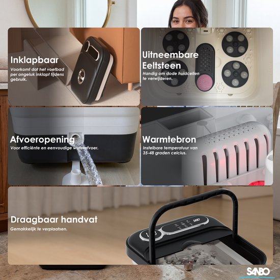 Bain de pieds Sanbo - Rouleaux de massage électriques - Température réglable de 35 à 48 degrés - Appareil de massage des pieds - Bain de pieds avec massage - Noir