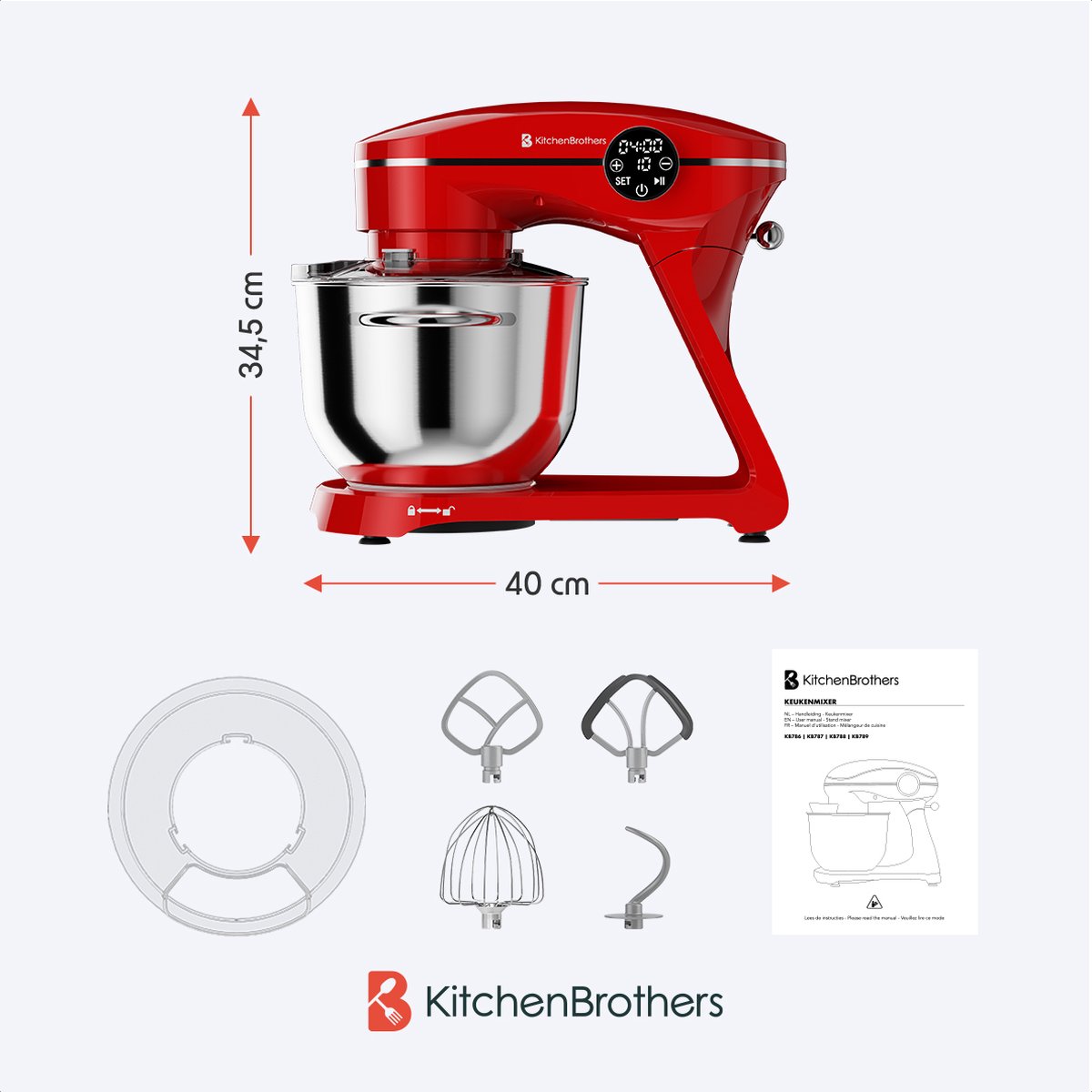 KitchenBrothers Robot de cuisine - Affichage tactile et minuterie - Robot de cuisine - 6L - 1800W - Aluminium - Rouge