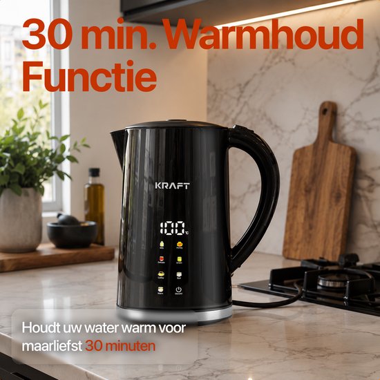 Bouilloire électrique KRAFT avec réglage de la température - 1,7 litre - Écran tactile LED - Noir - 2 200 W