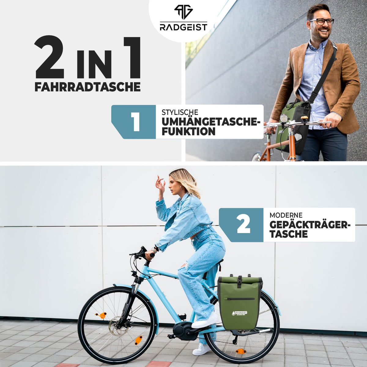 Sac à vélo radgeist pour porte-bagages, imperméable – avec bandes réfléchissantes – sac latéral 2-en-1