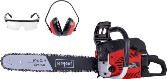 Tronçonneuse à essence Scheppach CSP560s - 56 cm³, 2 temps - 2 300 W - réservoir de 0,55 L - lame de 51 cm - lunettes de sécurité et protections auditives incluses