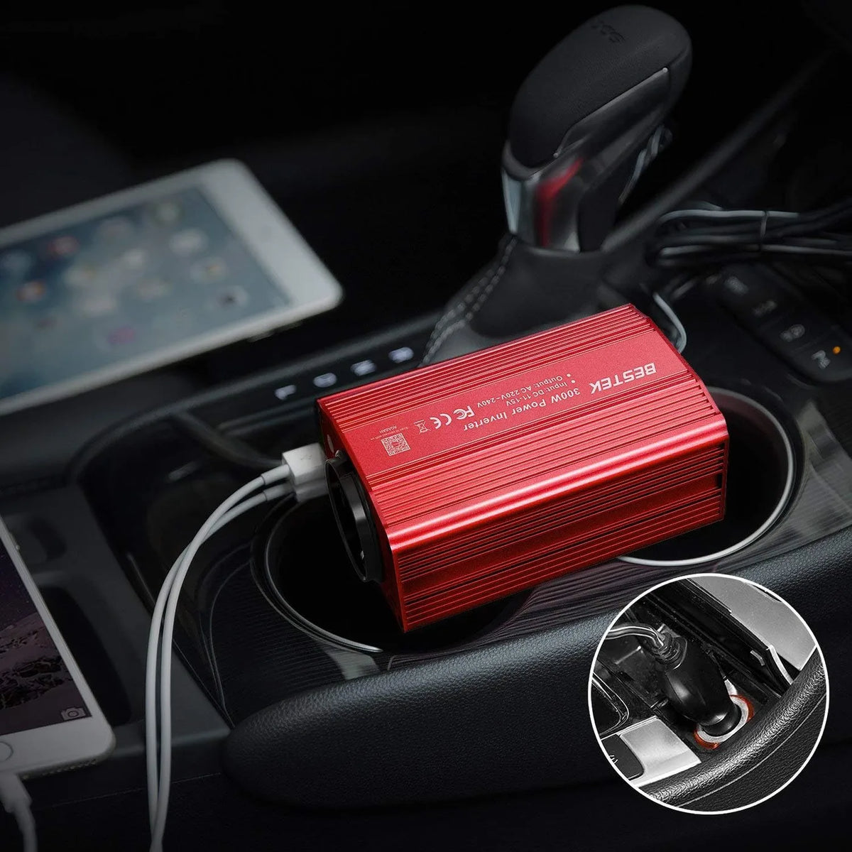 Convertisseur BESTEK 300 W 12 V vers 230 V – 2 ports USB et prise de courant – Pour voiture, camping-car et en déplacement – Rouge