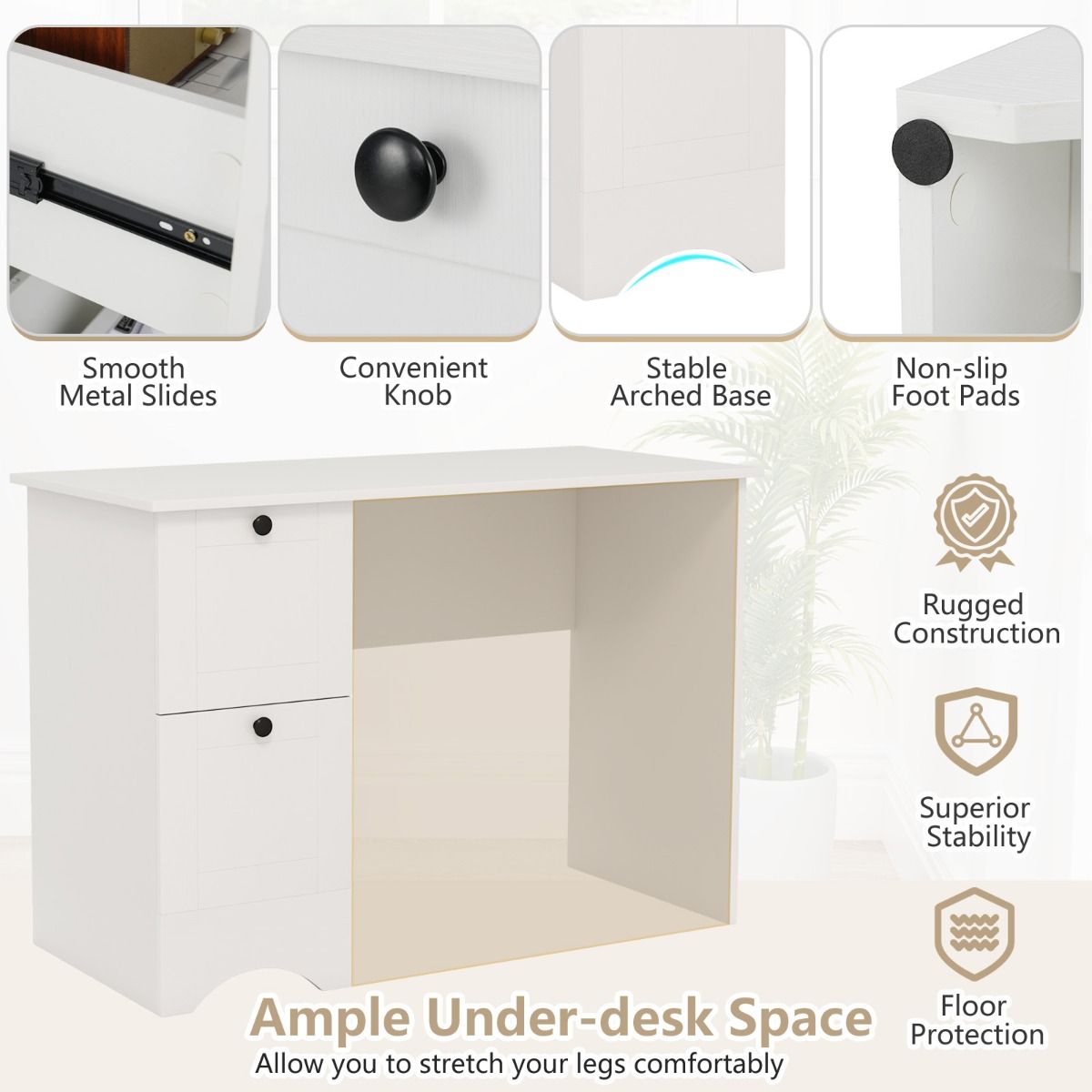 Coast Desk avec 2 tiroirs - Blanc - 109 x 50 x 75 cm - Bureau moderne pour enfants et table d'ordinateur pour la maison et le bureau