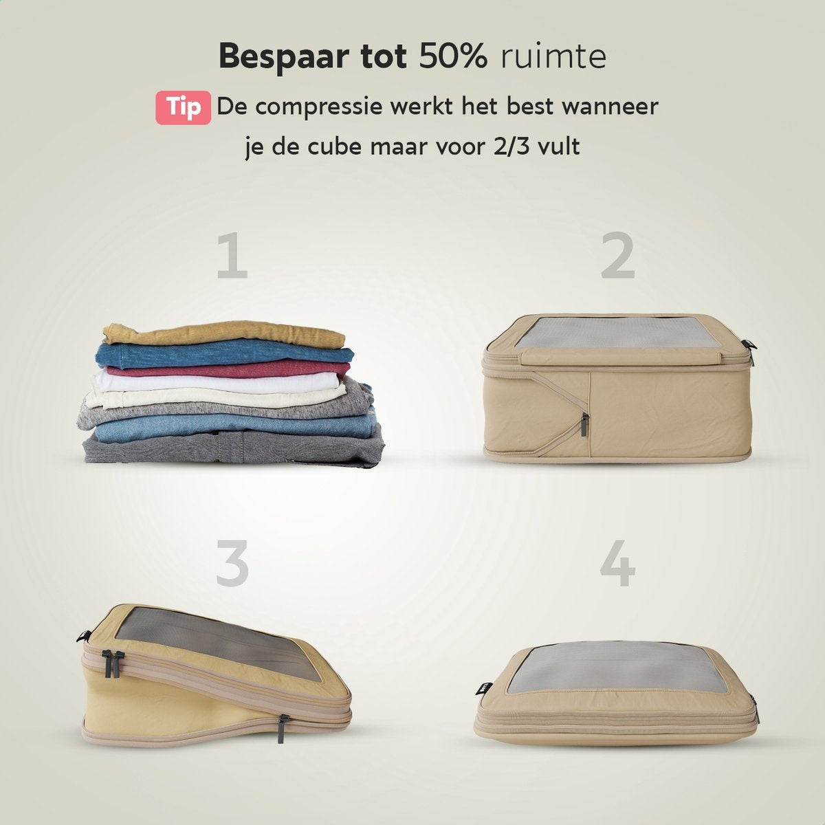 ONYX® Cubes de compression - 7 pièces - Organiseurs de bagages avec zip de compression - Pour valises et sacs - Beige