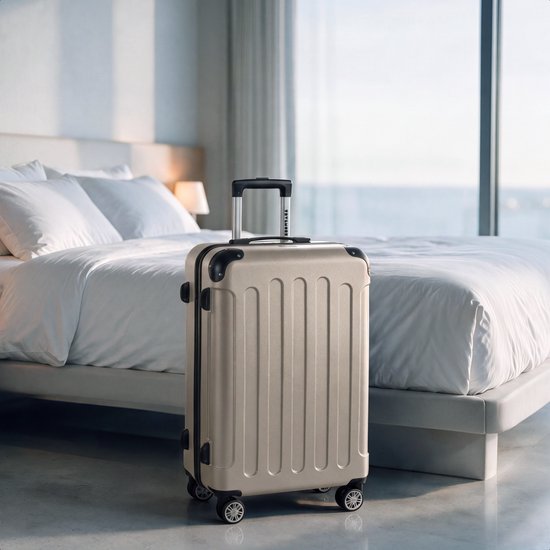 Valise TRVLMORE 70 L – Coque rigide en ABS – Roulettes à 360° – Cadenas à combinaison – Couleur champagne