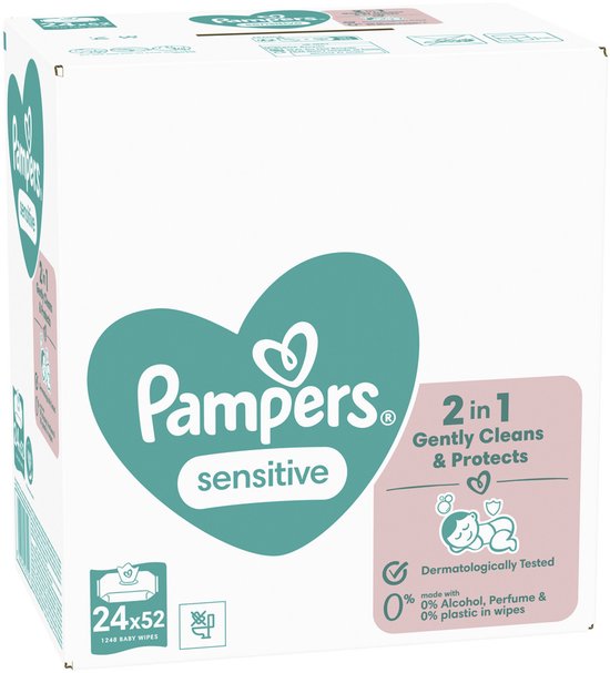Lingettes Pampers Sensitive - 2 en 1 : Nettoyage en douceur et protection - 0 % de plastique dans les lingettes - 24 paquets de 52 lingettes = 1 248 lingettes pour bébé