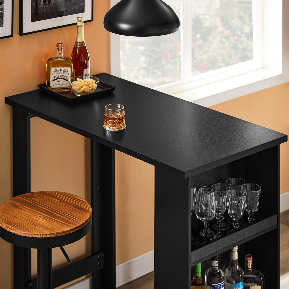 SoBuy FWT17-II-SCH Table de cuisine haute - Table de bar sur pied avec étagères de rangement pour les petits espaces - Noir - 112 x 57 x 106 cm
