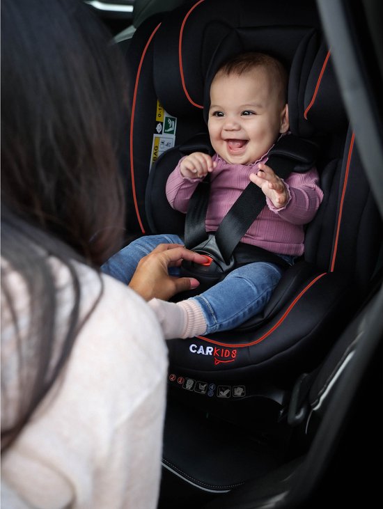 Siège auto Carkids i-Size Darcy - Conforme à la norme i-Size R-129 - Rotation à 360° - Pour les enfants mesurant entre 40 et 150 cm - Fixation Isofix et Top Tether - Appuie-tête et dossier réglables – Noir/Rouge