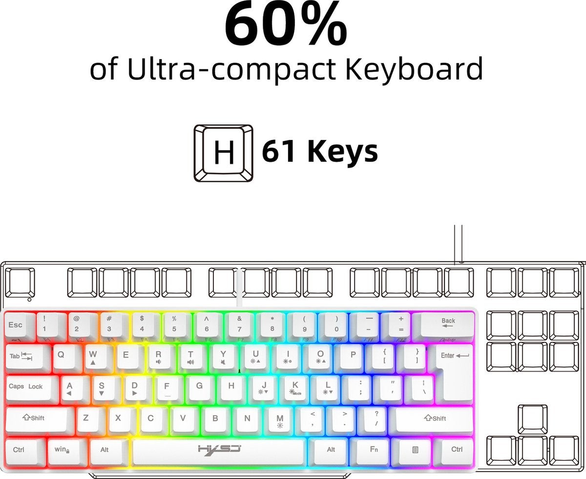 Clavier gaming - HxSJ - Clavier membrane - 61 touches - TKL - Qwerty - Blanc