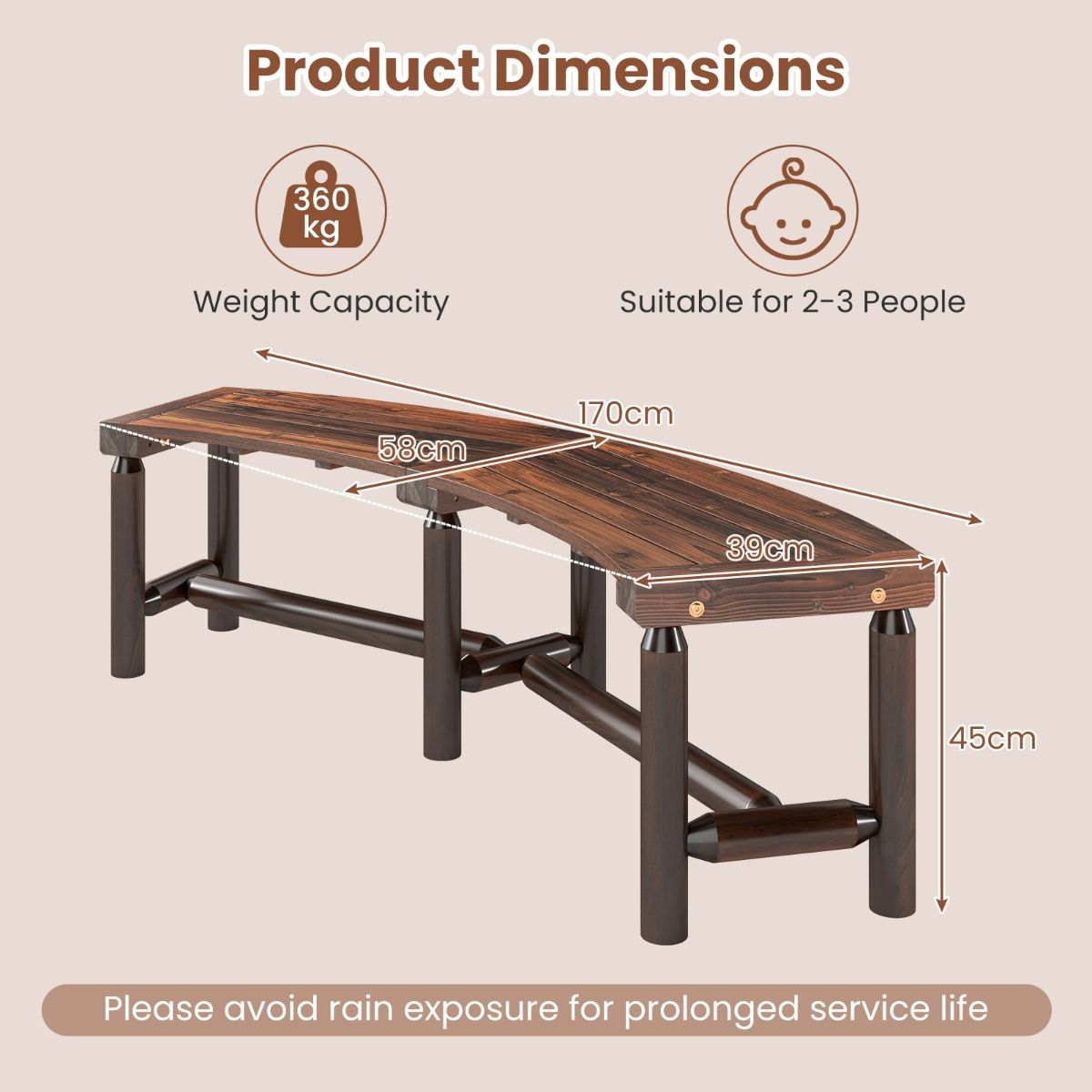 Banc de jardin incurvé Coast - bois massif - pour 2 à 3 personnes - marron rustique