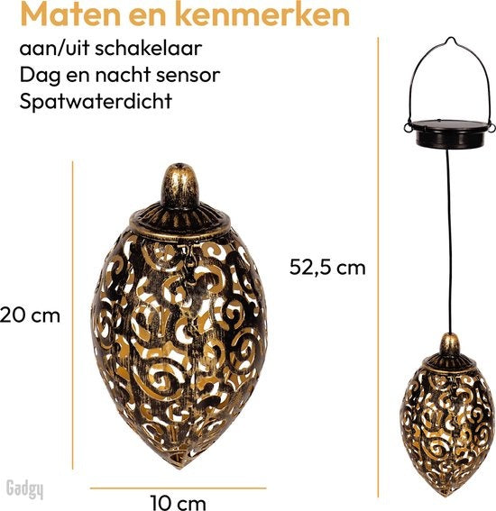Gadgy Lanterne Orientale Solaire Suspendue 2 pièces - Éclairage de Jardin Solaire à LED - Capteur Jour/Nuit - Lanterne de Jardin - Bronze - Métal