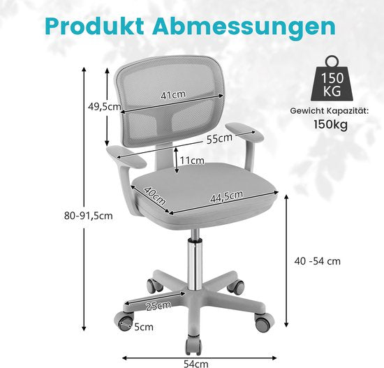 Chaise de bureau pivotante à 360° Coast pour enfants - 80-91,5 cm - pour les enfants de 3 à 10 ans - grise