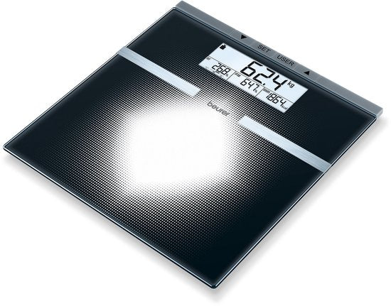 Pèse-personne Beurer BG 21 - Analyse corporelle - IMC/BMR/AMR - Jusqu'à 180 kg - 30 x 31,5 cm - 10 utilisateurs - Grand écran LCD rétroéclairé à 2 lignes - Piles incluses - Garantie de 5 ans
