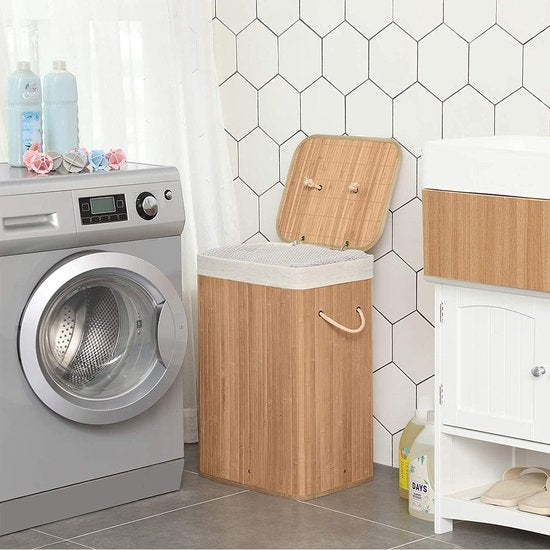 Songmics XL 72 litres - Grand panier à linge pliable - bambou - doublure lavable - 40 x 30 x 60 cm