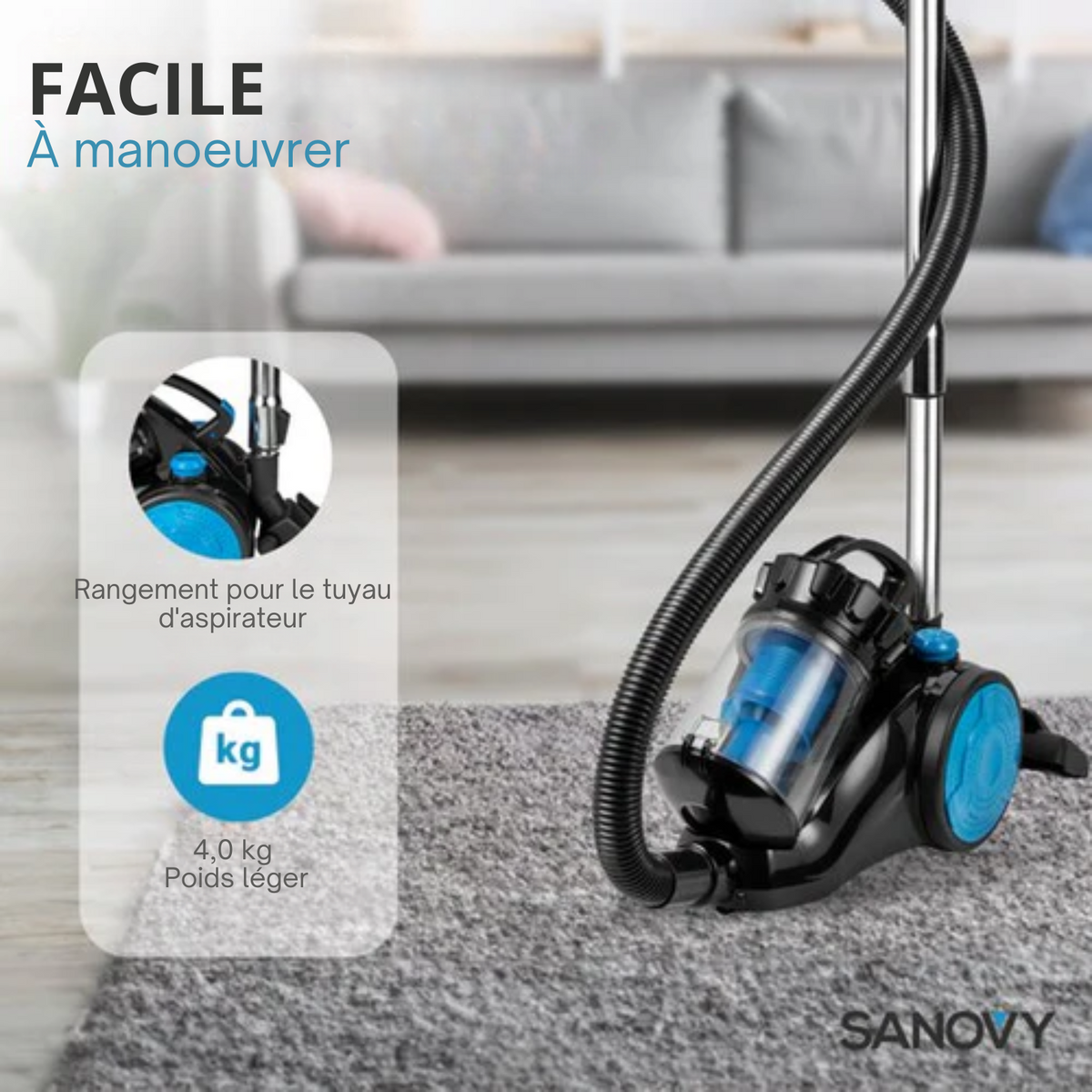 Aspirateur puissant sans sac - Sanovy ProPower - 3L - Compact - Bleu