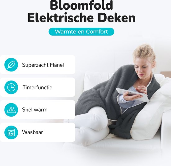 Couverture électrique Bloomfold - 160 x 130 cm - Lavable en machine - 1 personne - 9 niveaux - Avec minuterie - Couverture chauffante - Gris/flanelle