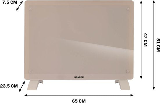 VONROC Chauffage électrique de luxe - Convecteur avec panneau en verre - 750W/1500W - Chauffe les pièces jusqu'à 18m2 - Contrôlé par l'application (via Wifi) et manuellement - Thermostat et minuterie réglables - Beige