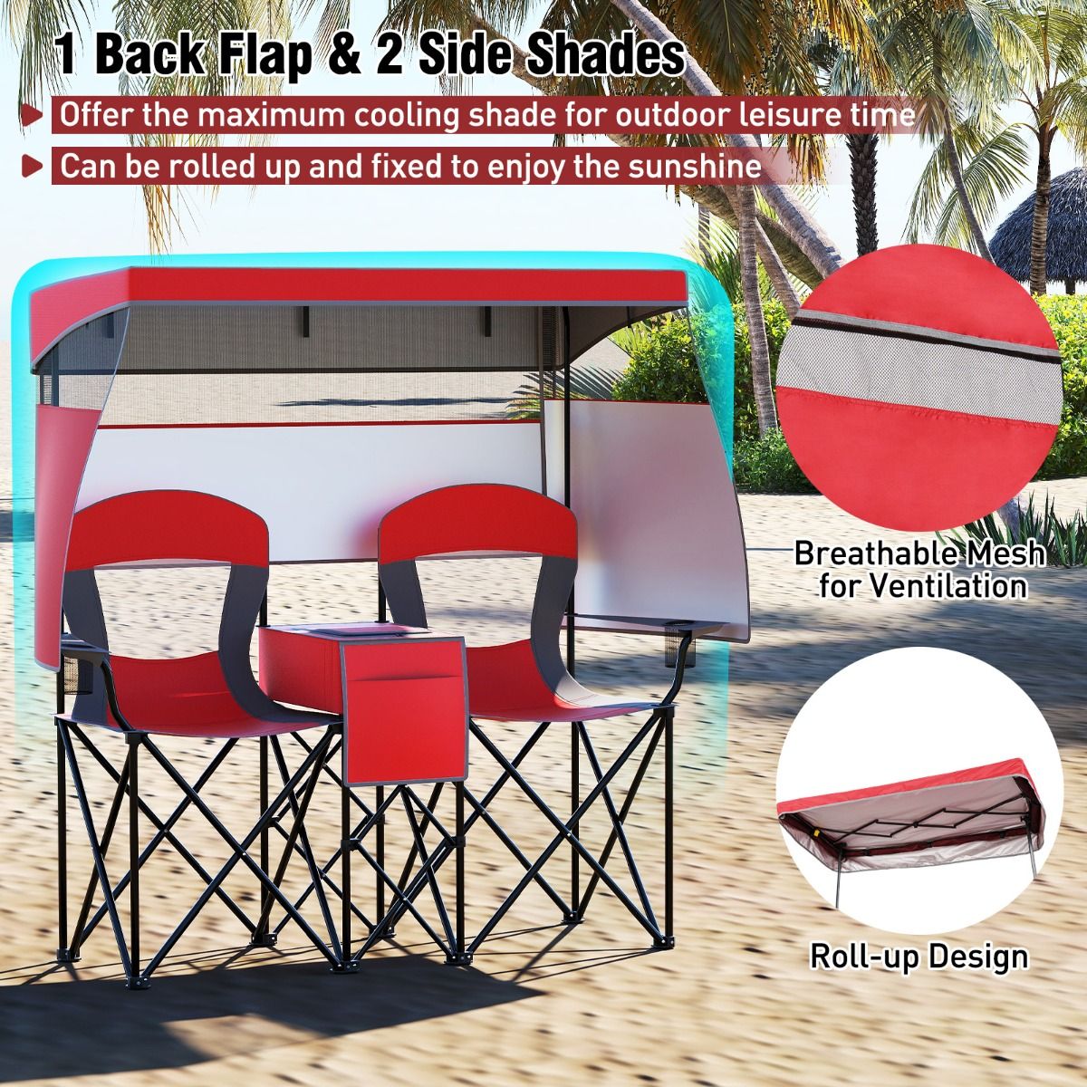 Chaise de camping double Coast - pare-soleil réglable - sac isotherme et porte-gobelets - rouge