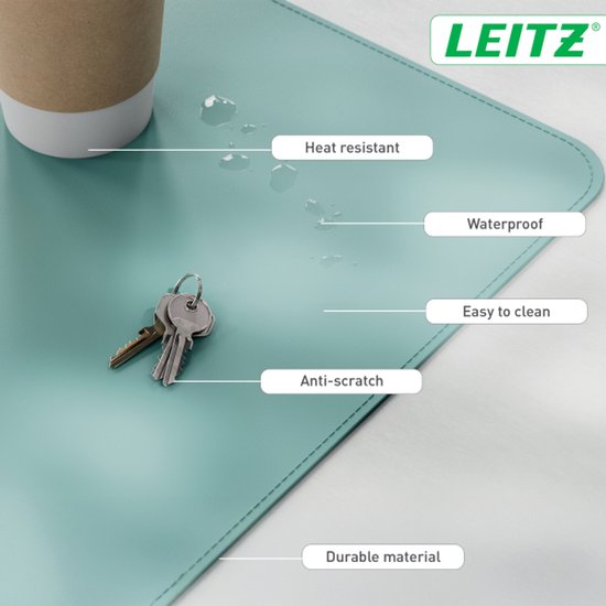 Grand tapis de bureau Leitz 80 × 40 cm – Antidérapant – Tapis de bureau – Imperméable – Pour clavier et souris – Menthe
