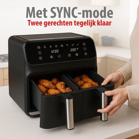 Alpina Double Airfryer XXL - Friteuse à air chaud 2x4 L - Air Fryer avec écran tactile numérique - Four à air chaud pour 6 personnes et plus - 8 programmes de cuisson - Mode Sync - Fonction minuterie
