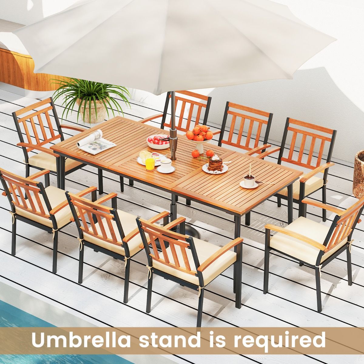 Table de jardin Coast pour 8 personnes - bois d'acacia avec pieds en métal - trou pour parasol de 5 cm - couleur naturelle et noire - 200 x 90 cm