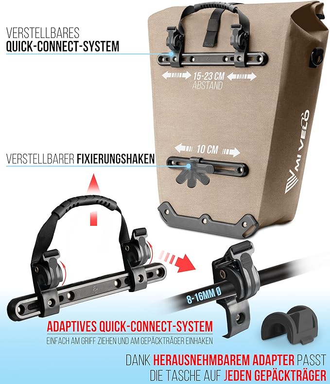 Sac de vélo MIVELO – Imperméable, avec compartiment pour ordinateur portable et antivol – 25 litres – Beige sable