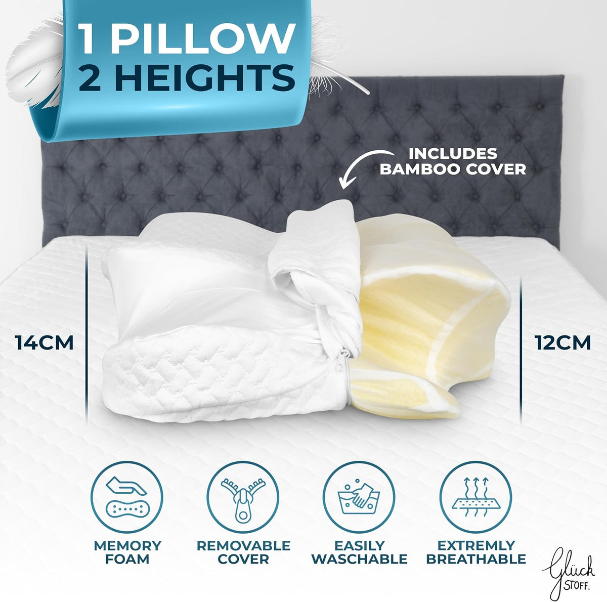 Oreiller ergonomique Glückstoff en mousse à mémoire de forme - Ergo - Blanc