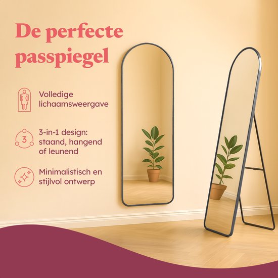 Miroir Fraay 160 x 55 cm - À poser ou à accrocher - Verre trempé - Miroir mural minimaliste - Miroir sur pied - Noir