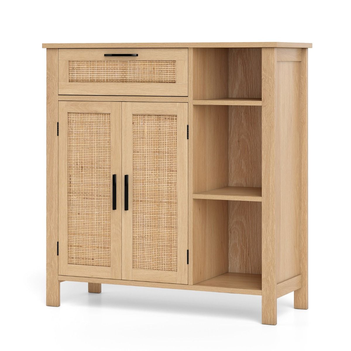 Buffet en bois Coast - Portes et tiroir en rotin - Étagère réglable - Couleur naturelle 75 x 30 x 80 cm