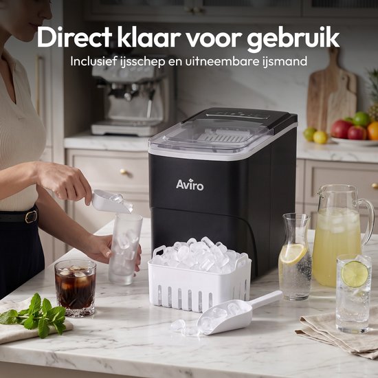 Machine à glaçons Aviro XL - 2 L - Avec cuillère à glace - Machine à glaçons - 16 kg / 24 h - Fonction d'auto-nettoyage - Noir