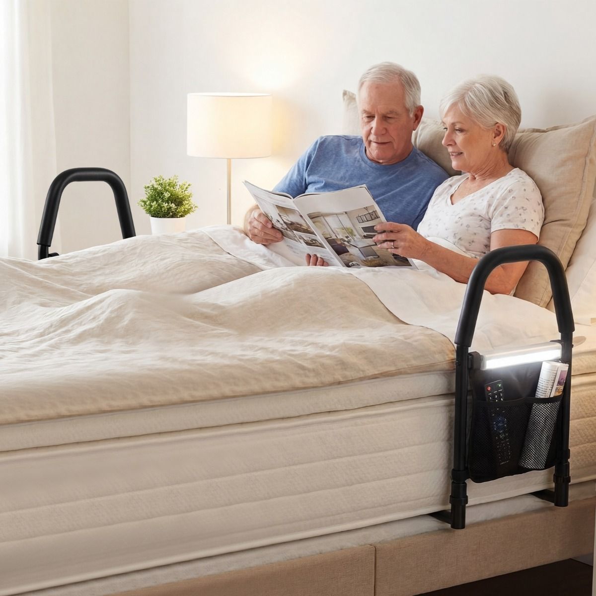 Barrière de lit Coast avec poignée de sécurité - Veilleuse LED avec détecteur de mouvement - Compartiment de rangement - Noir