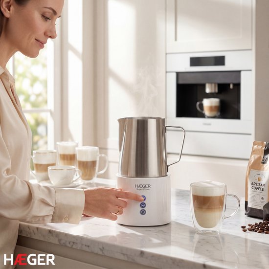 Mousseur à lait électrique Haeger Super Foam - Sans BPA ni PFAS - Fonction de maintien au chaud et revêtement antiadhésif - 250 ml - 600 W - Mousseur à lait pratique - Batteur à lait - Blanc