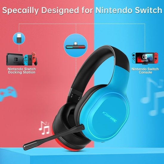 Kofire UT-01 2.4GHz Wireless Gaming Headset - Casque supra-auriculaire Bluetooth avec microphone - Multiplateforme - Rouge bleu
