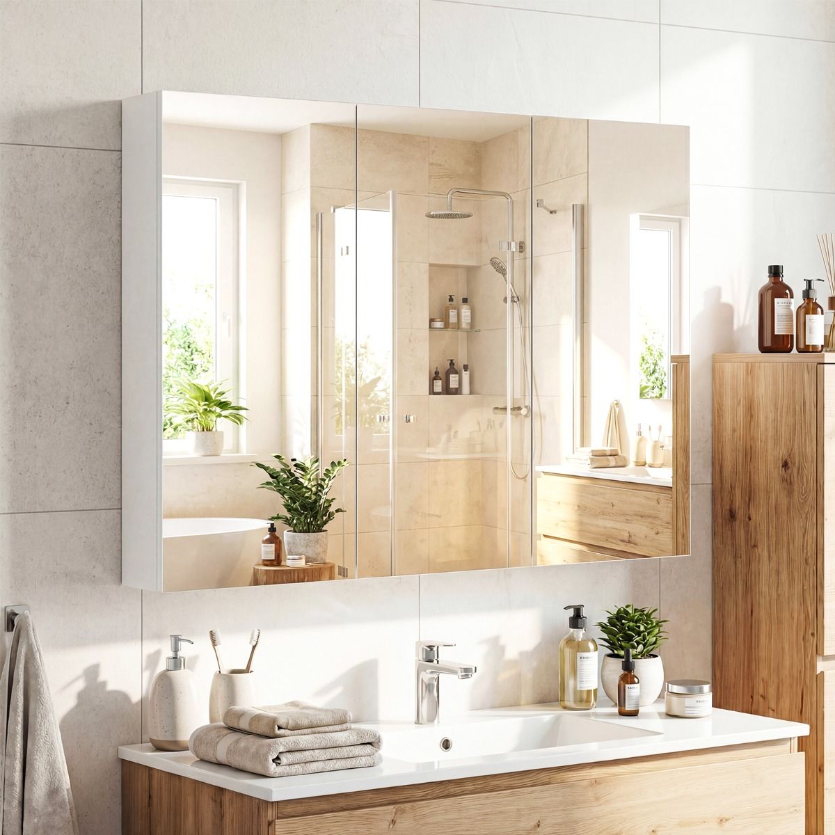 Armoire de salle de bains avec miroir mural Coast - trois portes - 6 compartiments - blanche - 87 x 65 x 12,5 cm