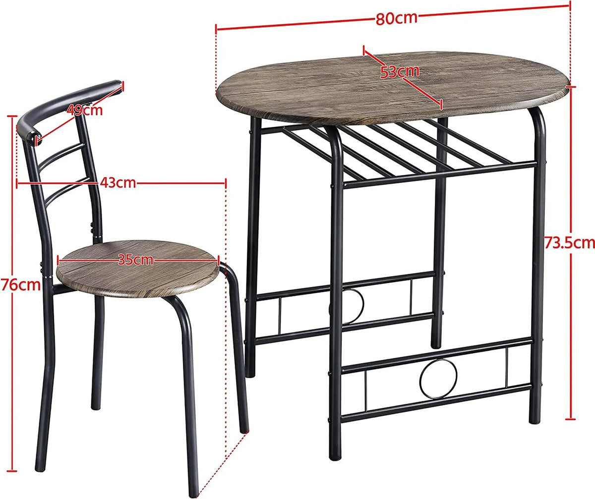 Yaheetech Dining Set Of 3 - Comprend une table avec 2 chaises, une étagère de rangement réglable et un revêtement hydrofuge - Pour la cuisine et la salle à manger - Driftwood Brown Metal and MDF - 80 x 53 x 73.5 cm