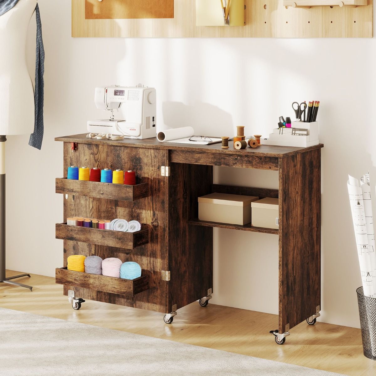 Table de couture pliable Coast - Station de loisirs créatifs mobile - Avec étagère et compartiments de rangement cachés - Vert 118,5 x 40 x 79,5 cm