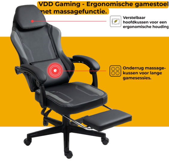 Fauteuil gaming VDD avec fonction massage - Noir/Gris - 70 x 70 x 125 cm - Réglable, repose-pieds, 150 kg