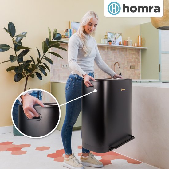Poubelle Homra Rockx 60 litres - Poubelle à double pédale 2 x 30 L avec filtre anti-odeurs - Poubelle de tri sélectif en acier inoxydable à 2 compartiments - Poubelle de recyclage - Poubelle de cuisine - Poubelle de tri sélectif - Poubelles doubles noir e