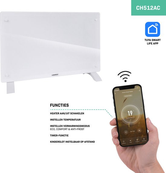 VONROC Chauffage électrique de luxe - Convecteur avec panneau en verre - 1000W/2000W - Chauffe les pièces jusqu'à 24m2 - Contrôlé par l'application (via Wifi) et manuellement - Thermostat et minuterie réglables - Blanc
