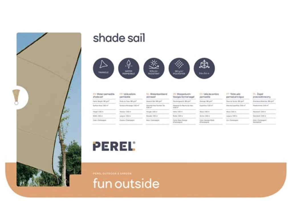 Perel Schaduwdoek, waterdoorlatend, luchtdoorlatend, 3.6 x 3.6 x 3.6 m, 180 g/m², HDPE, driehoek, champagne