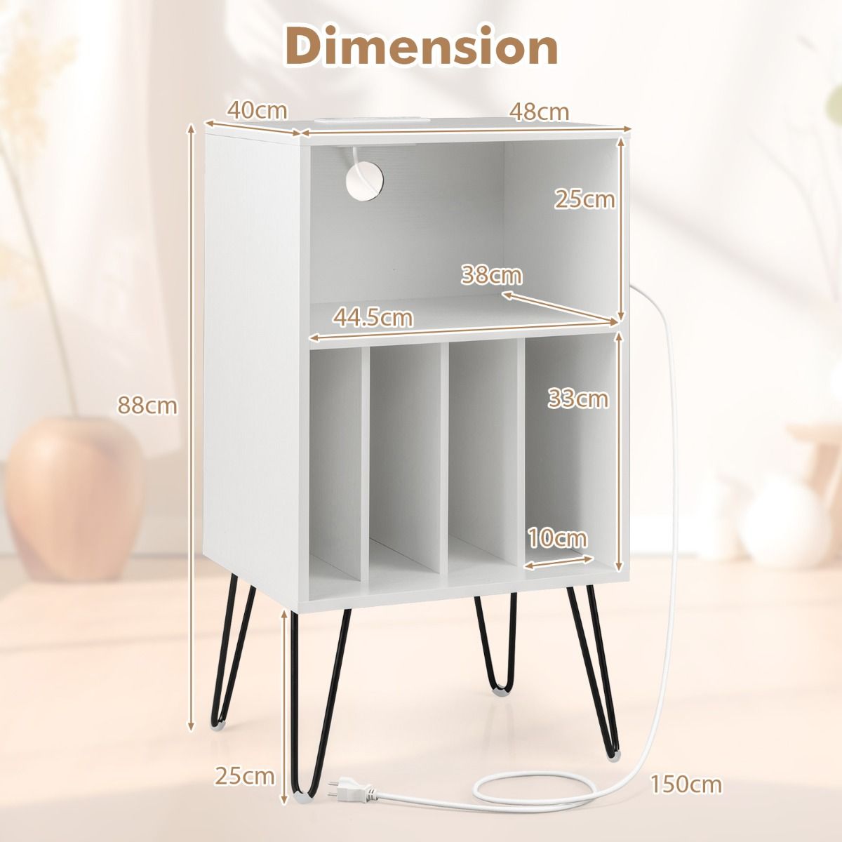 Support pour platine vinyle Coast - Table de rangement pour vinyles à 3 étages - avec station de recharge - blanc