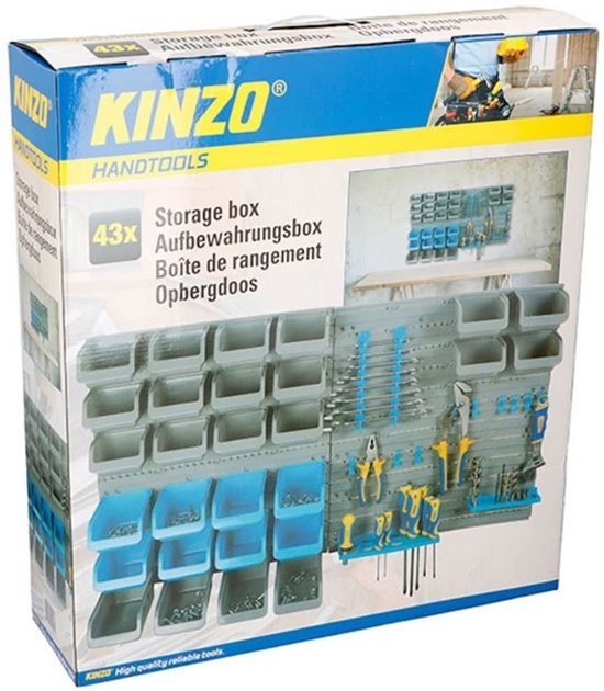 Panneau à outils Kinzo - 43 pièces : panneau à outils en 2 parties, 28 bacs de rangement, 10 crochets à outils et 3 porte-outils