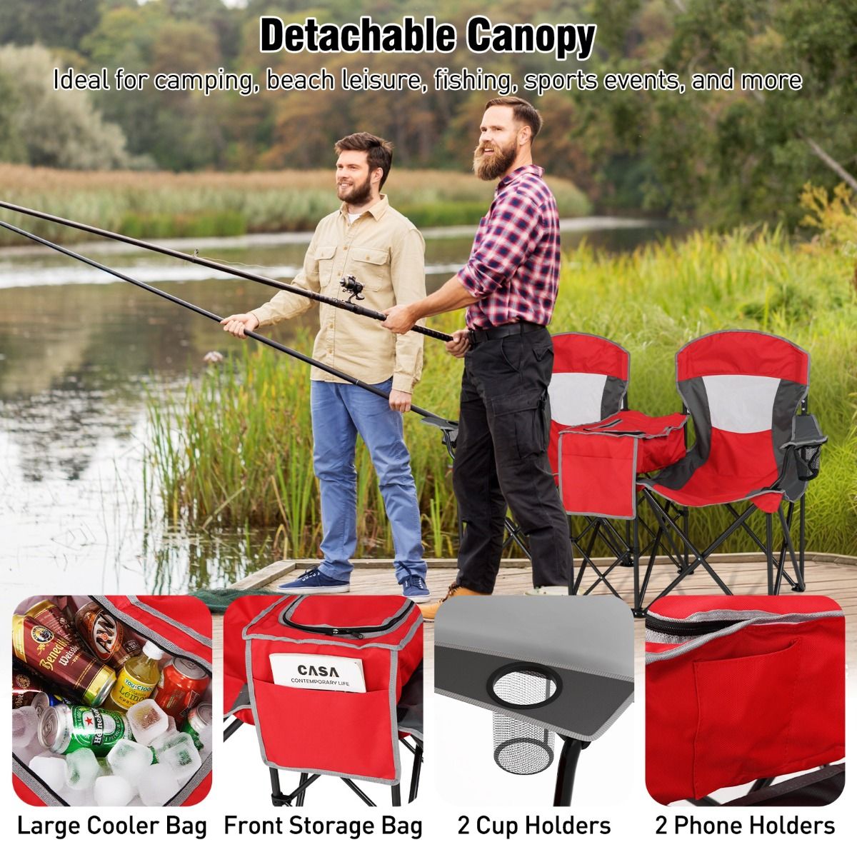 Chaise de camping double Coast - pare-soleil réglable - sac isotherme et porte-gobelets - rouge