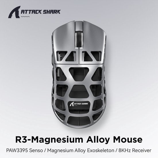 ATTACK SHARK R3 - Souris gaming sans fil - PAW3395 - Ultralégère (46 g) - Filaire/2,4 GHz/BT 5.1 - 26 000 DPI - Alliage de magnésium