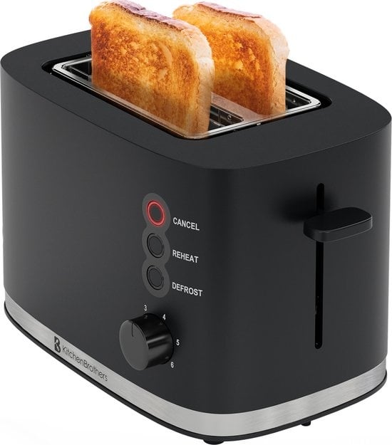 KitchenBrothers Toaster - Grille-pain - 6 niveaux de chaleur - 2 fentes extra-larges - 870W - Noir